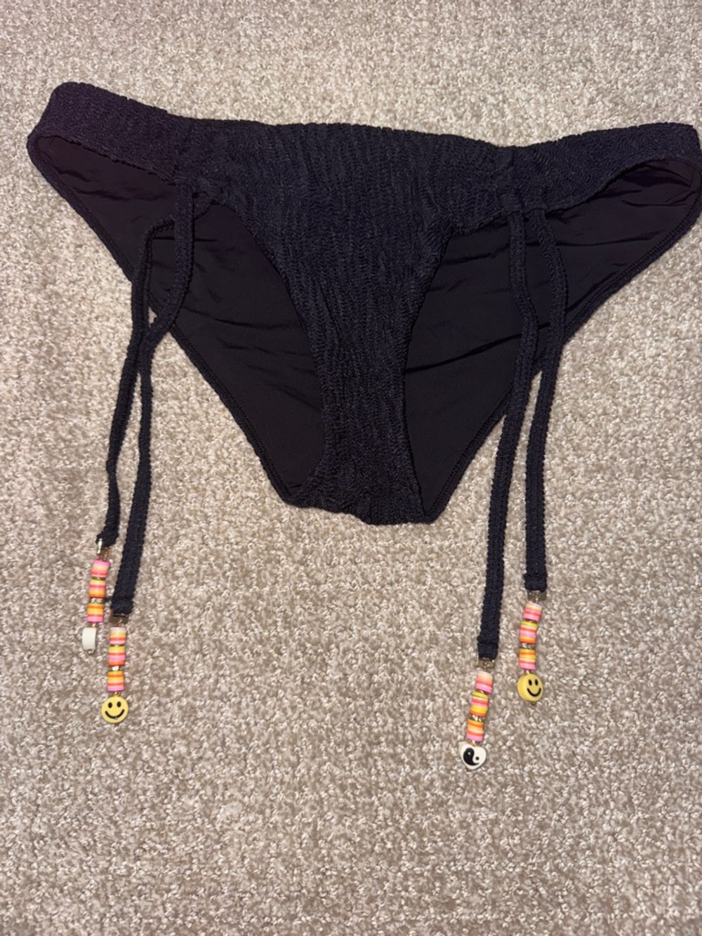 Beach Bunny Black Smocked Tie-Side Bikini Bottom with Beaded Charms NWOT
